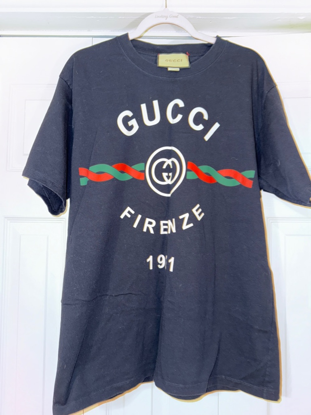 Gucci Black Tee with Red & Green Ribbon Stripe